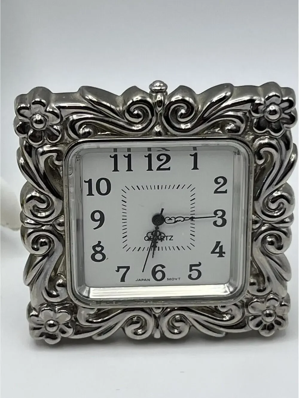 Clocks mini desk two pcs.  One in silver frame and one mantle style, both work